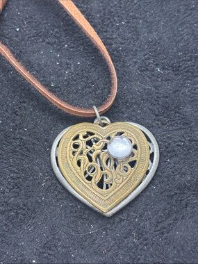 Hand Crafted Two-Tone Heart Filigree Necklace with Pale Iridescent Stone